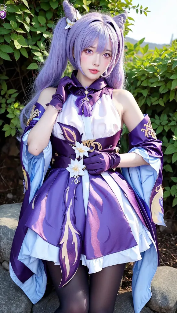 The image shows a young woman dressed in a purple and white dress with a white and blue underskirt. She has purple twintails and purple eyes and is wearing a necklace with a flower-shaped pendant. She is standing in a garden with green plants and flowers behind her.