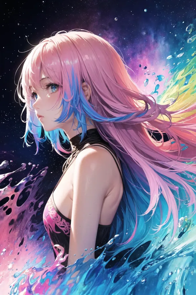 The image is of an anime girl with long pink and blue hair. She is wearing a black swimsuit with a pink and blue gradient design. She is standing in front of a dark blue background with a bright pink and blue galaxy-like design. There are also splashes of pink, blue, and yellow surrounding her. She has a sad expression on her face.