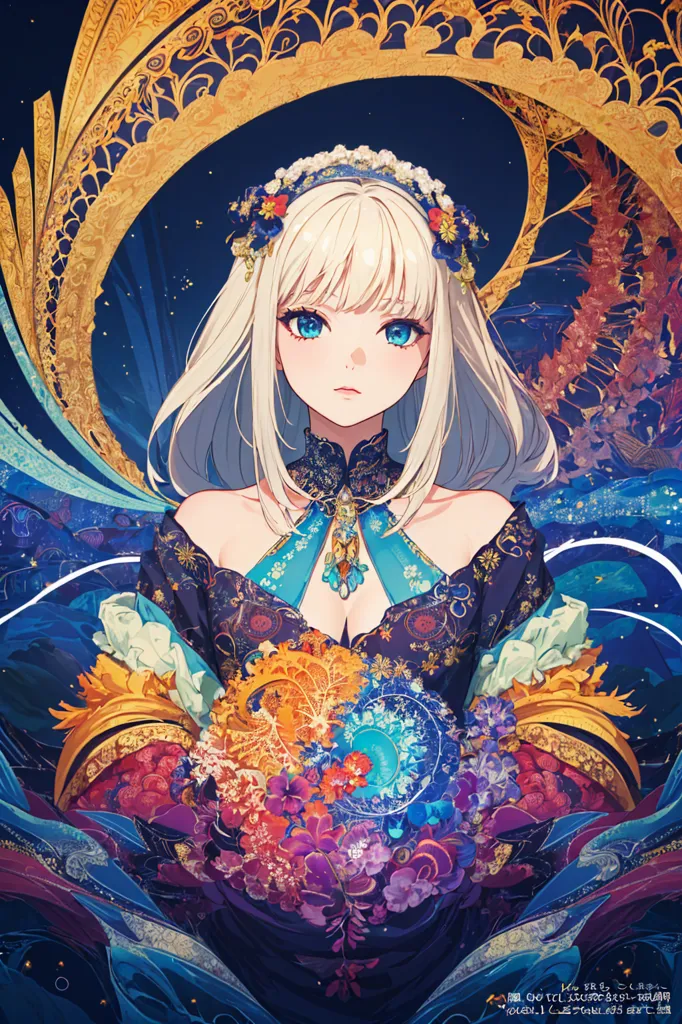 La imagen es una pintura de una hermosa mujer joven con cabello blanco largo y ondulado y ojos azules. Ella está usando un vestido tradicional chino con un patrón floral azul y dorado y una falda larga y fluida. La mujer está de pie frente a un espejo grande y ornamentado, y sostiene un ramo de flores. El fondo de la pintura es de color azul oscuro, y hay varias flores pequeñas y coloridas esparcidas alrededor de los pies de la mujer. La pintura está hecha en un estilo realista, y la expresión de la mujer es de una serenidad tranquila.