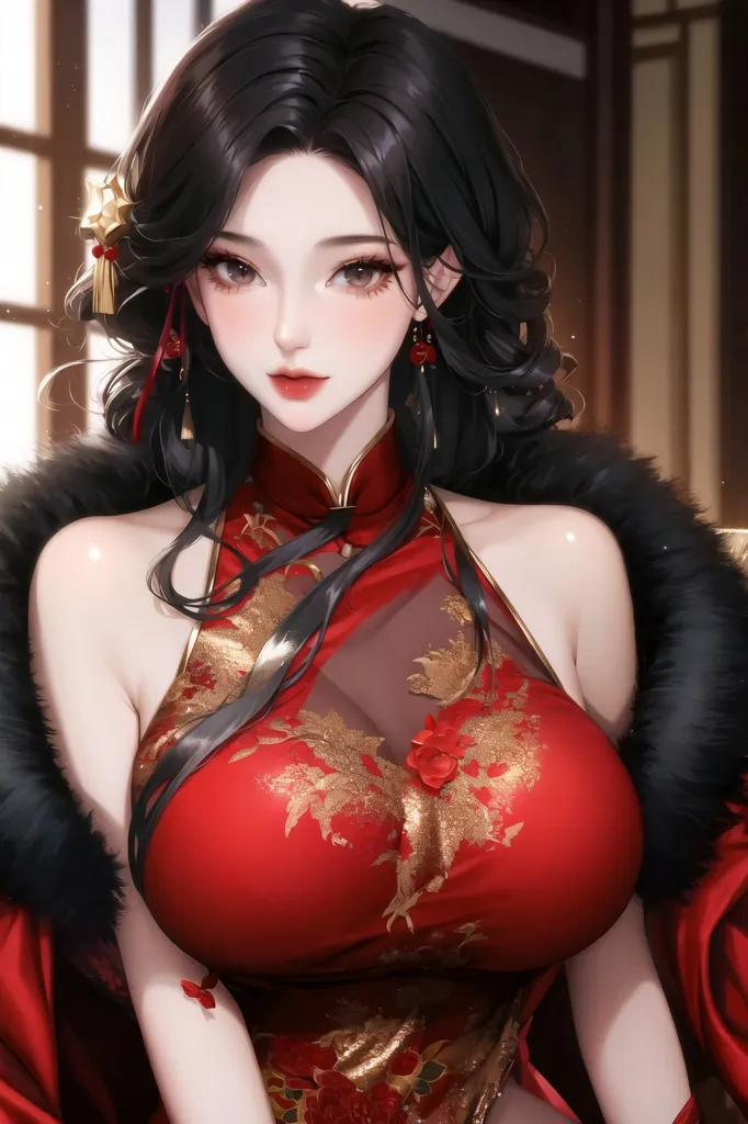 The image shows a beautiful young woman with long black hair and red lips. She is wearing a red cheongsam with a high collar and a low neckline. The cheongsam is decorated with gold and silver embroidery. She is also wearing a white fur coat. The woman is sitting in a chair and she has a confident expression on her face.