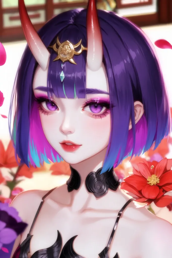 The image is a portrait of a young woman with purple hair and red horns. She is wearing a black and purple dress with a high collar. The woman has a beauty mark under her left eye. There are red and purple flowers in the background.