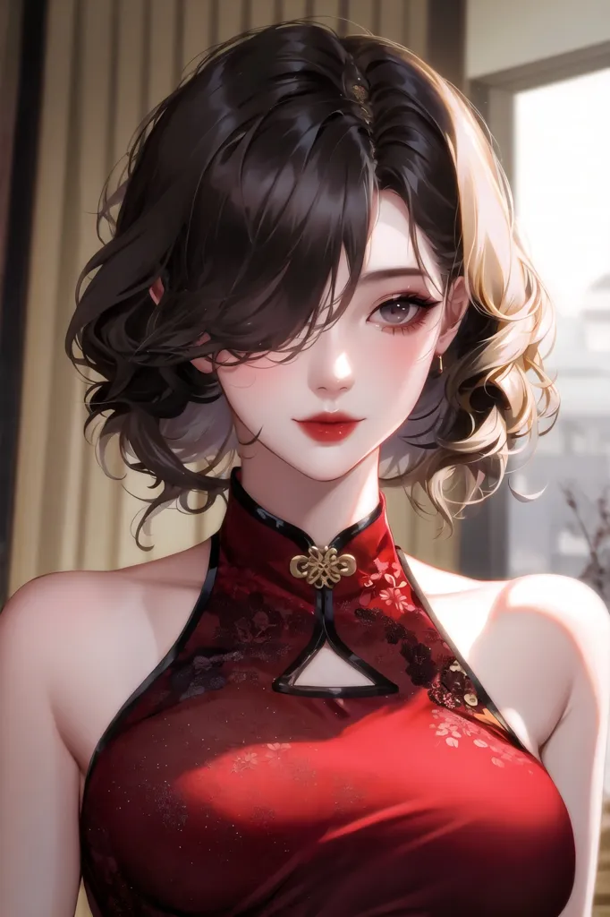 La imagen muestra a una hermosa mujer joven con el cabello largo y oscuro y labios rojos. Lleva un cheongsam rojo con un cuello alto y una abertura en forma de ojo de cerradura en el pecho. El cheongsam está decorado con intrincados bordados florales. El cabello de la mujer está peinado en un tradicional bob chino con flequillo. Está de pie frente a una ventana con una cortina de gasa.