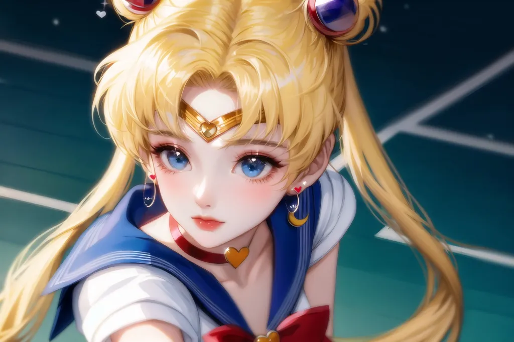 The image is of a young girl with long blonde hair and blue eyes. She is wearing a blue and white sailor fuku with a red bow at the collar. She also has a crescent moon-shaped tiara on her forehead and matching earrings. The girl is standing in front of a blue background with a starry night sky. She has a serious expression on her face and is looking at the viewer.