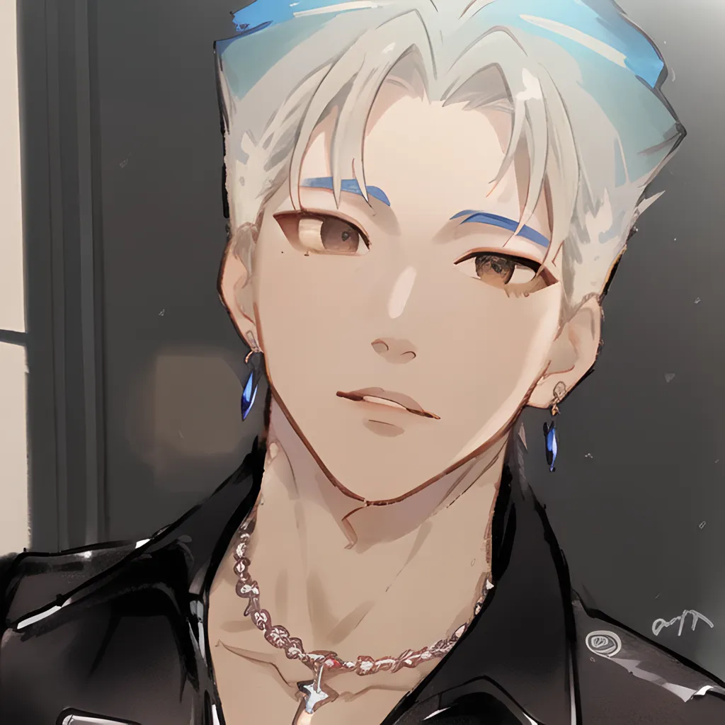 The image is a digital painting of a young man with white hair and blue eyes. He is wearing a black leather jacket and a pearl necklace with a cross pendant. He has a confident expression on his face and is looking at the viewer. The background is a dark color.