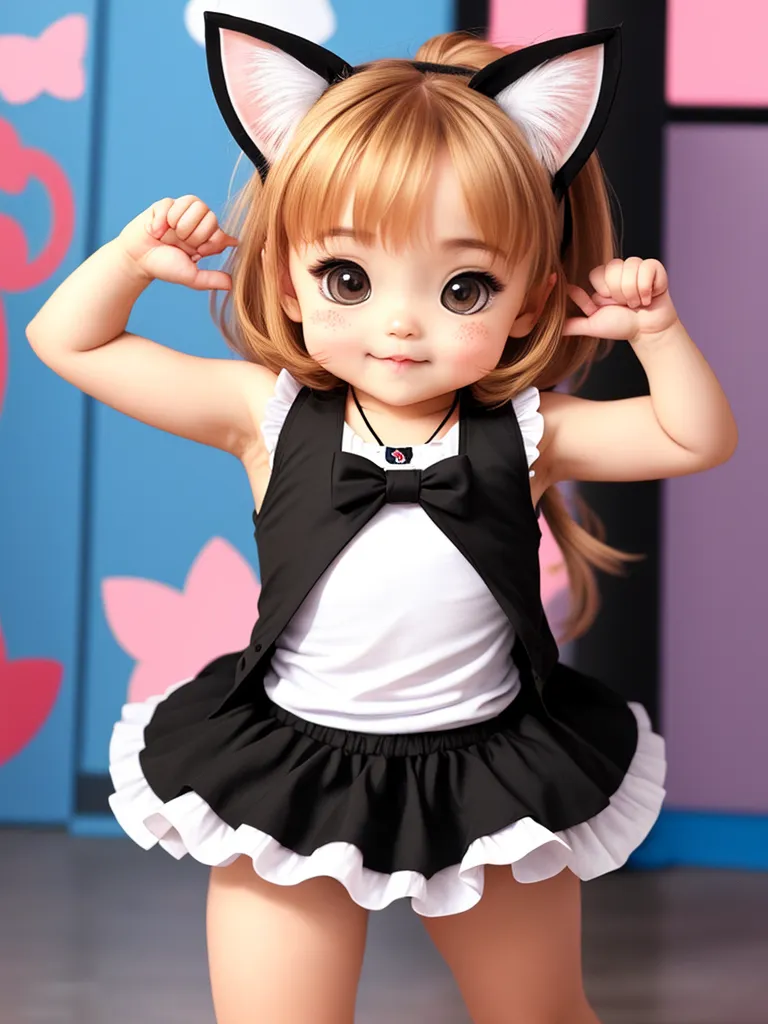 The image shows a young girl with long blond hair and brown eyes. She is wearing a black vest with a white bow tie over a white shirt and a black pleated skirt with a white ruffle at the hem. She is also wearing cat ears and has her hands raised to her head. She is standing in a room with a blue wall and a pink floor.