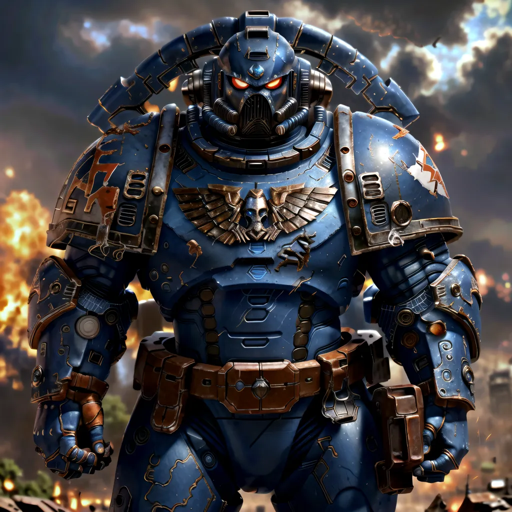 The image shows a Space Marine from the Warhammer 40k universe. He is wearing blue power armor and has a skull with wings on his chest. There are explosions and smoke in the background.