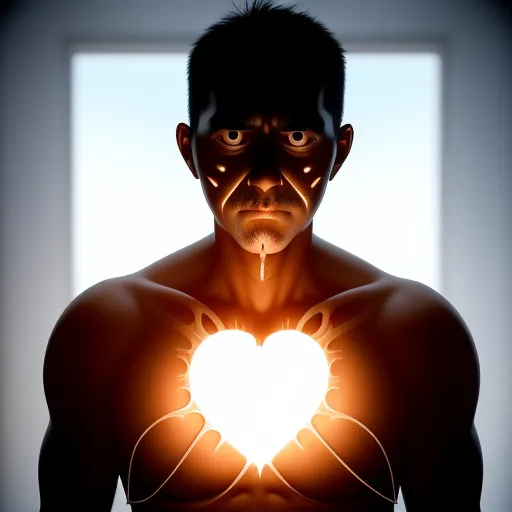 La imagen es de un hombre con cabello oscuro y ojos oscuros. Tiene una luz brillante y resplandeciente con forma de corazón en su pecho. Está de pie frente a un fondo blanco. La luz está proyectando sombras en su rostro y cuerpo. El hombre tiene una expresión seria en su rostro. Está mirando al espectador con las cejas fruncidas. La imagen es de un hombre que es fuerte y poderoso. La luz en su pecho sugiere que está lleno de amor y compasión. La imagen también es de un hombre que se enfrenta a un desafío. Las sombras en su rostro y cuerpo sugieren que está enfrentando algunas dificultades. Sin embargo, la luz en su pecho sugiere que podrá superar estas dificultades.