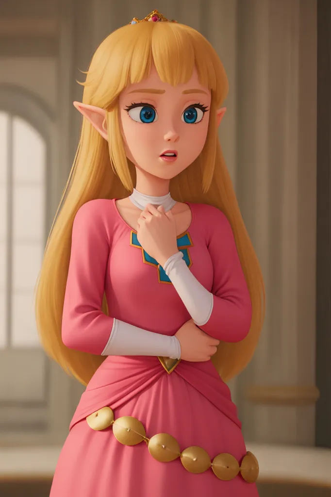 Ini adalah gambar Putri Zelda dari seri video game The Legend of Zelda. Dia digambarkan dengan rambut pirang panjang, mata biru, dan telinga runcing. Dia mengenakan gaun pink dengan lengan dalam putih dan sabuk emas. Dia juga mengenakan mahkota emas dan memiliki ekspresi khawatir di wajahnya.