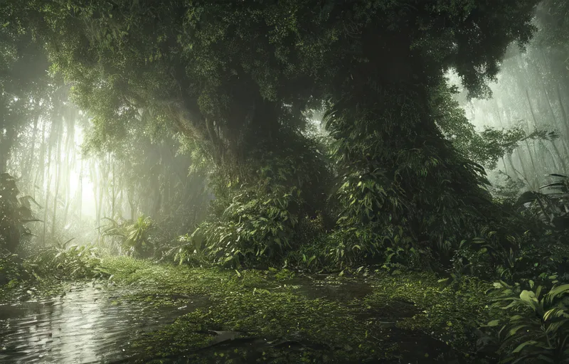 Gambar ini adalah lukisan digital hutan. Lukisan ini dibuat dengan gaya realistis, dan seniman telah menggunakan berbagai teknik untuk menciptakan kesan kedalaman dan realisme. Bagian depan lukisan didominasi oleh pohon besar, yang dikelilingi oleh berbagai tanaman dan pohon lainnya. Bagian tengah lukisan adalah sungai yang mengalir melalui hutan. Latar belakang lukisan adalah pegunungan yang diselimuti kabut. Lukisan ini penuh dengan warna-warna yang hidup, dan seniman telah menggunakan cahaya dan bayangan untuk menciptakan suasana. Lukisan ini juga penuh dengan detail, dan seniman telah menyertakan berbagai tanaman dan hewan dalam adegan. Lukisan ini adalah representasi yang indah dan realistis dari hutan, dan merupakan bukti dari keterampilan seniman.