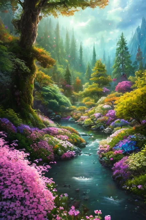 The image is of a beautiful forest with a river running through it. The trees are tall and green, and the flowers are colorful and abundant. There is a large tree in the foreground, and a variety of other trees and plants in the background. The river is clear and blue-green, and it flows over rocks and pebbles. The forest is full of light, and there is a sense of peace and tranquility.