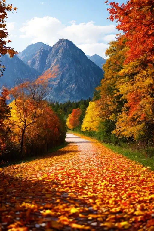 A imagem mostra uma estrada nas montanhas. A estrada está rodeada por árvores. As folhas das árvores na frente são todas laranja e amarelas, o que sugere que é outono. Há uma grande montanha ao fundo. O céu está azul e há algumas nuvens no céu. A imagem é muito pacífica e serena.