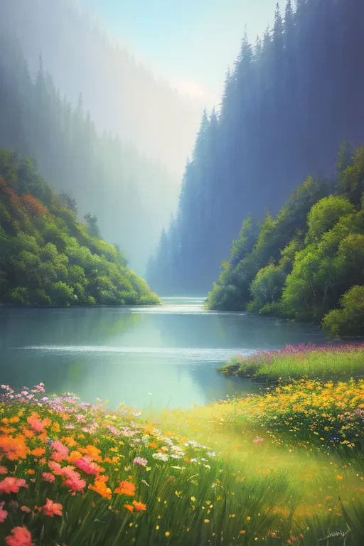 The image is of a beautiful landscape with a river running through the middle. The river is surrounded by green trees and flowers of various colors, including pink, yellow, orange, and purple. The sky is light blue and there are white clouds in the distance. The overall effect is one of peace and tranquility.