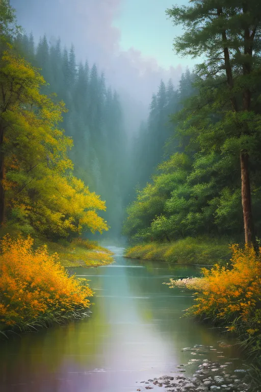 L'image est une peinture d'une rivière forestière. La rivière est au milieu de la forêt. L'eau est verte et claire. Les arbres sur les berges sont grands et verts. Les feuilles sur les arbres sont jaunes et oranges. Le ciel est bleu et nuageux. Le soleil brille à travers les arbres. Il y a quelques buissons sur les berges de la rivière. Les buissons sont remplis de fleurs jaunes. Il y a quelques rochers dans la rivière. Les rochers sont recouverts de mousse. La peinture est très belle et paisible.