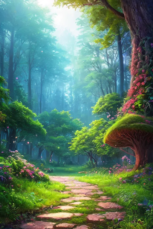 The image is a digital painting of a forest. The forest is full of tall, lush trees and a variety of flowers and plants. The trees are green and leafy, and the flowers are colorful and bright. The forest is bathed in sunlight, and there is a sense of peace and tranquility. There is a path that runs through the middle of the forest, and it is made of stone. The path is lined with flowers, and there are mushrooms growing on either side. The forest is full of life, and it is a beautiful and enchanting place.