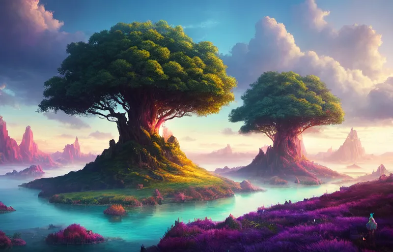 The image is of two large trees on a small island in a body of water. The trees are lush and green, and the water is a bright blue. The sky is a gradient of purple and pink, and there are clouds dotting the sky. There is a mountain range in the background. The image is very peaceful and serene.