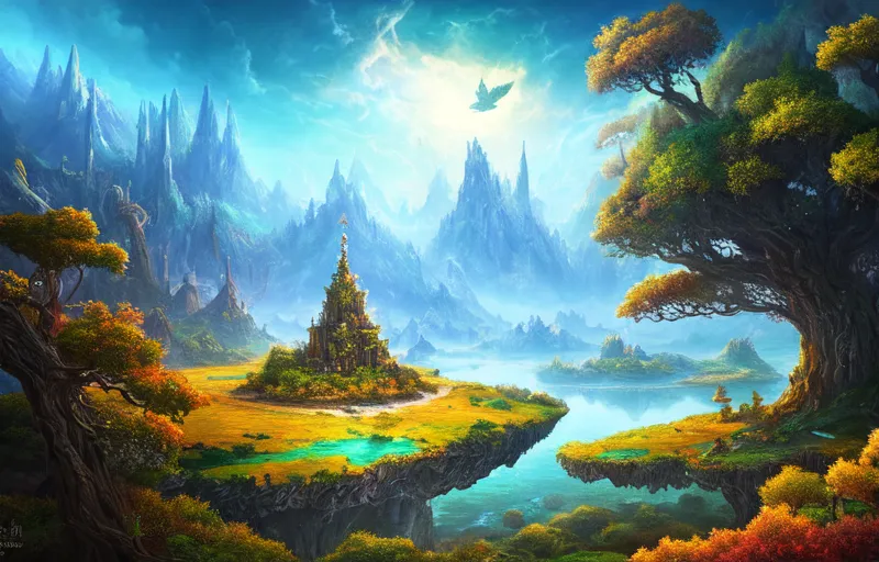 The image is of a beautiful landscape with a castle, mountains, and a lake. The castle is in the middle of the lake on a small island. The mountains are in the background and are covered in snow. The lake is surrounded by trees and there is a waterfall on the left side. A bird is flying in the sky. The image is very colorful and has a lot of detail.