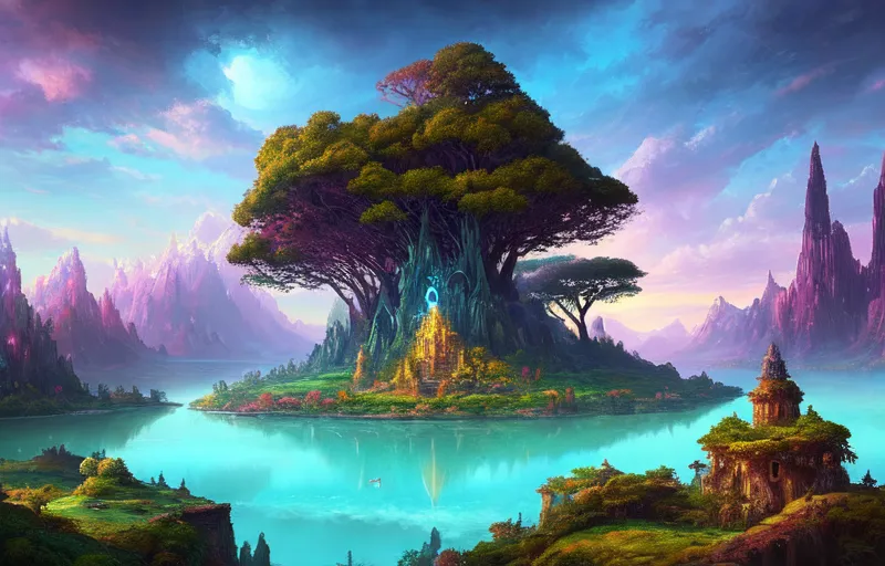 The image is a beautiful landscape painting. It shows a large tree with a blue portal in its trunk. The tree is located on an island in the middle of a lake. The water in the lake is a vibrant blue color and the sky is a gradient of purple and pink. There are mountains in the background and a small waterfall on the left side of the image. The painting is full of vibrant colors and has a dreamlike quality.