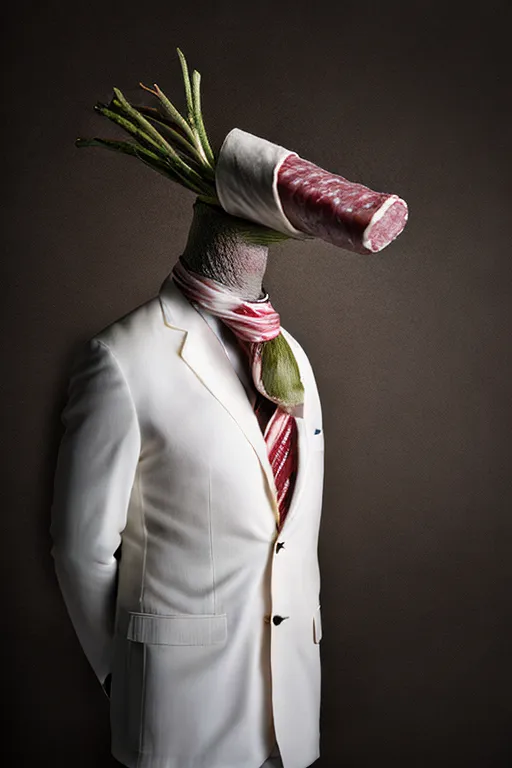 The image shows a man in a white suit and red tie. His head is replaced with a raw sausage and asparagus.