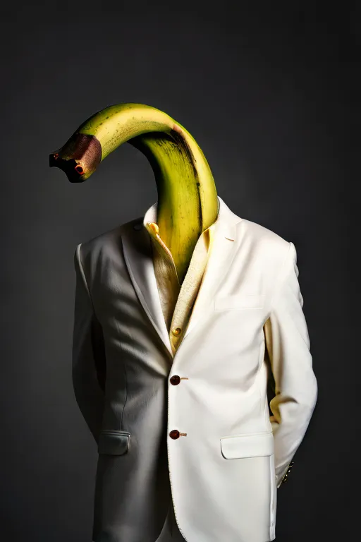 Ceci est une image d'une personne en costume avec une banane pour tête. La personne porte un costume blanc avec une chemise jaune et une cravate marron. La banane est verte et a une tige brune. La personne se tient debout, les mains jointes devant elle. L'arrière-plan est gris foncé.