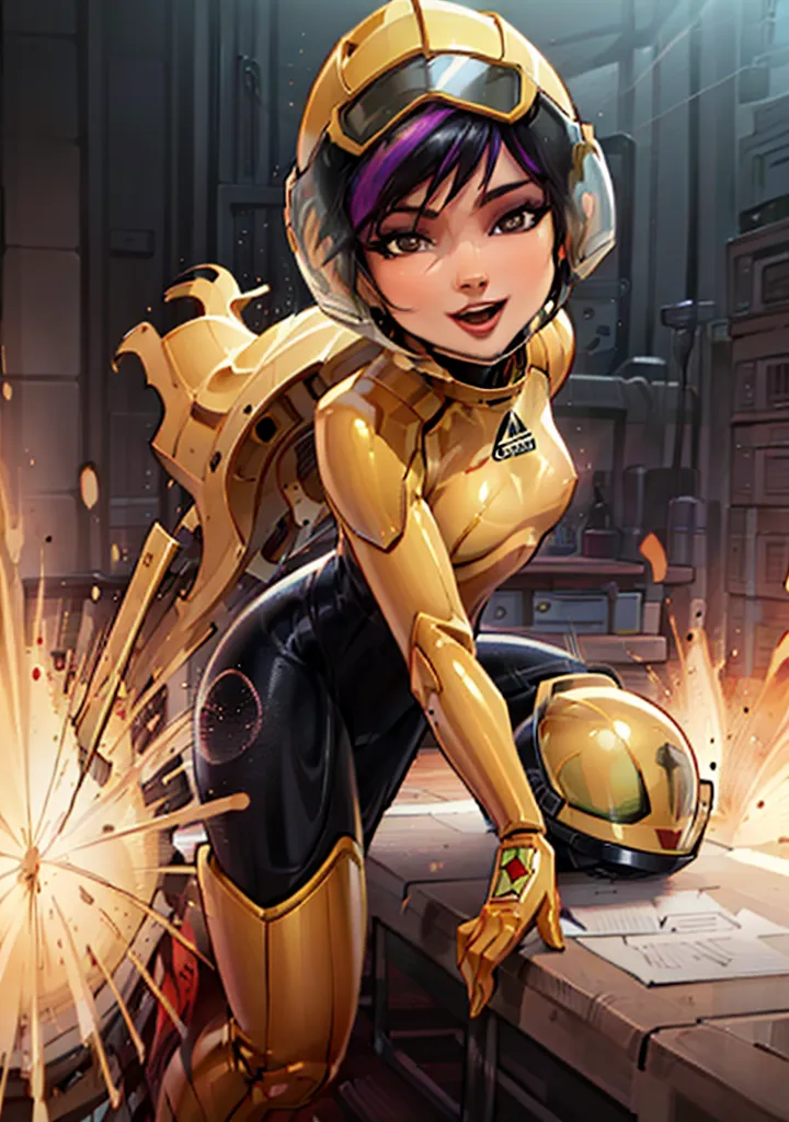 The image shows a young woman with purple hair and brown eyes. She is wearing a yellow and black jumpsuit and a yellow helmet with a clear visor. She is also wearing a pair of black boots. She is in a room that is on fire, and there are explosions happening all around her. She is smiling and has her right hand on the ground, while her left hand is extended forward.