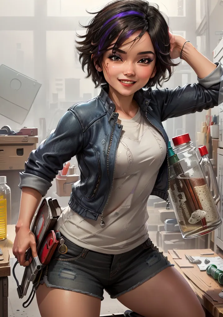 The image shows a young woman standing in a garage or workshop. She is wearing a white T-shirt, a blue denim jacket, and denim shorts. She has short dark hair with purple highlights and brown eyes. She is smiling and looking at the camera. She is holding a strange device in her right hand and there are various tools and supplies on the shelves and tables around her.