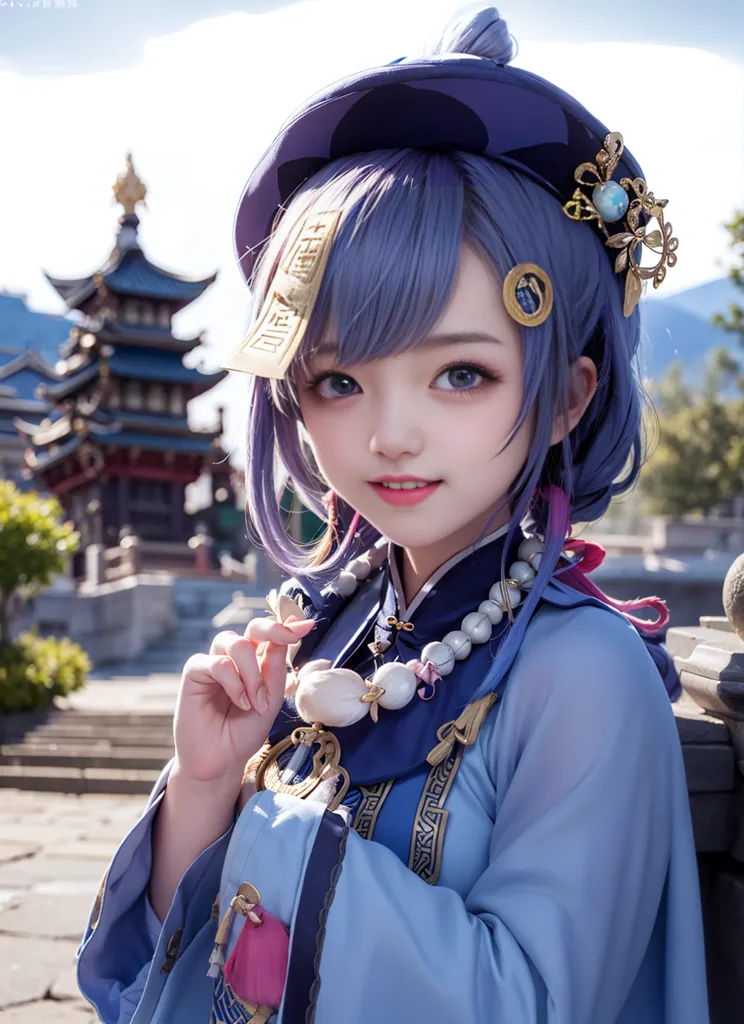 Esta é uma imagem de uma jovem menina, que parece ser de ascendência asiática, vestida com um traje tradicional chinês. Ela tem cabelos roxos e olhos azuis, e está usando um chapéu azul com uma flor branca. A menina está em pé em um pátio, com um edifício tradicional chinês ao fundo.