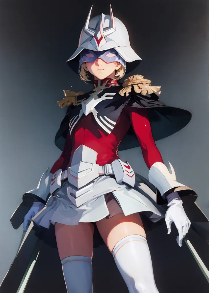 The image is of a young woman wearing a red and white military uniform. She has a white cape and a white skirt, and she is wearing a white hat with a red brim. She is also wearing white gloves and boots. She has blonde hair and blue eyes, and she is carrying a sword in each hand. She looks like she is ready for battle.