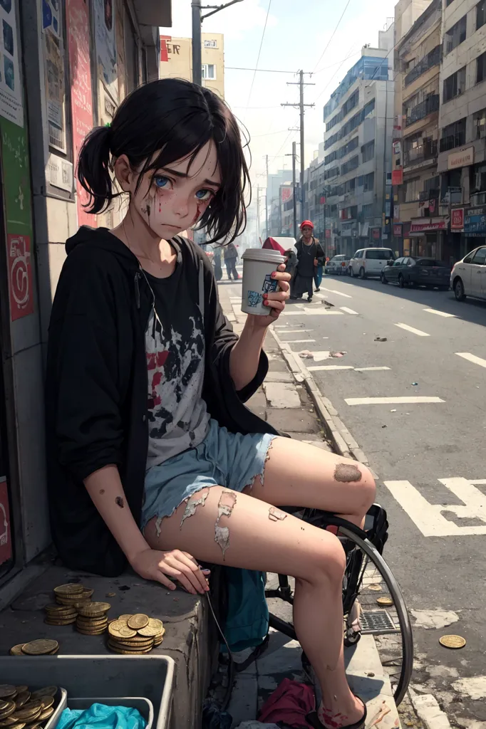 The image shows a young woman sitting on the sidewalk, drinking from a coffee cup. She is wearing a black hoodie, a white t-shirt, and short jean shorts. She has a black backpack on her back and a cane propped against her leg. There are coins scattered on the ground around her. The background of the image is a busy street with cars and people walking. The image is in a realistic style and the colors are muted.