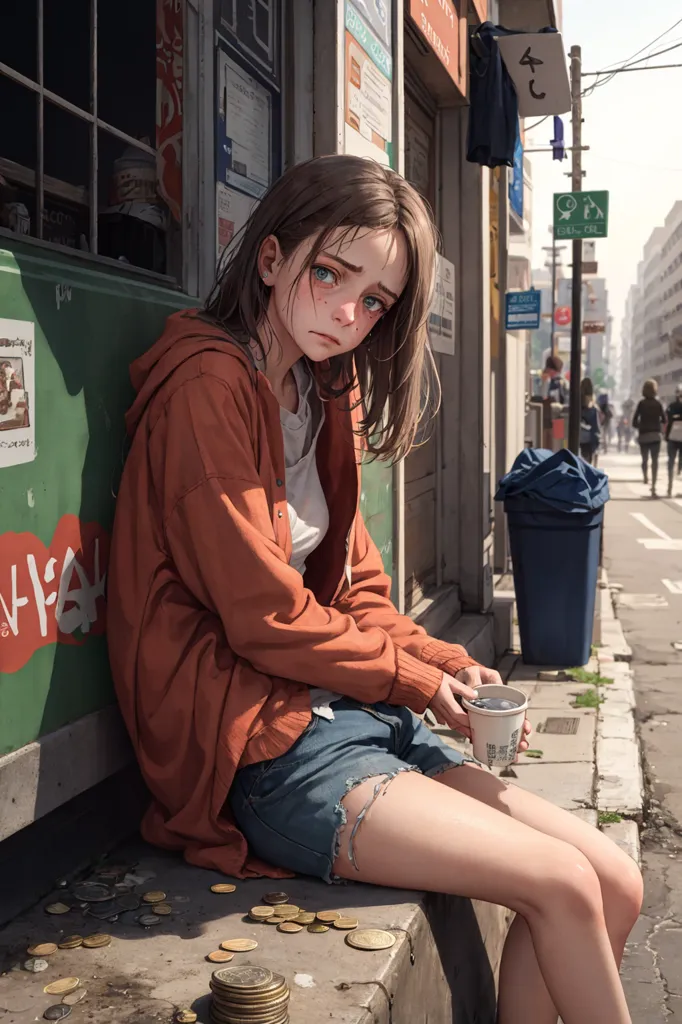 L'image montre une jeune femme assise sur le trottoir, adossée à un mur. Elle porte une veste orange, un t-shirt blanc et un short en jean. Elle a une tasse de café à la main et il y a des pièces de monnaie éparpillées au sol autour d'elle. L'expression de la femme est triste et on dirait qu'elle pleure. Il y a des gens qui marchent en arrière-plan.