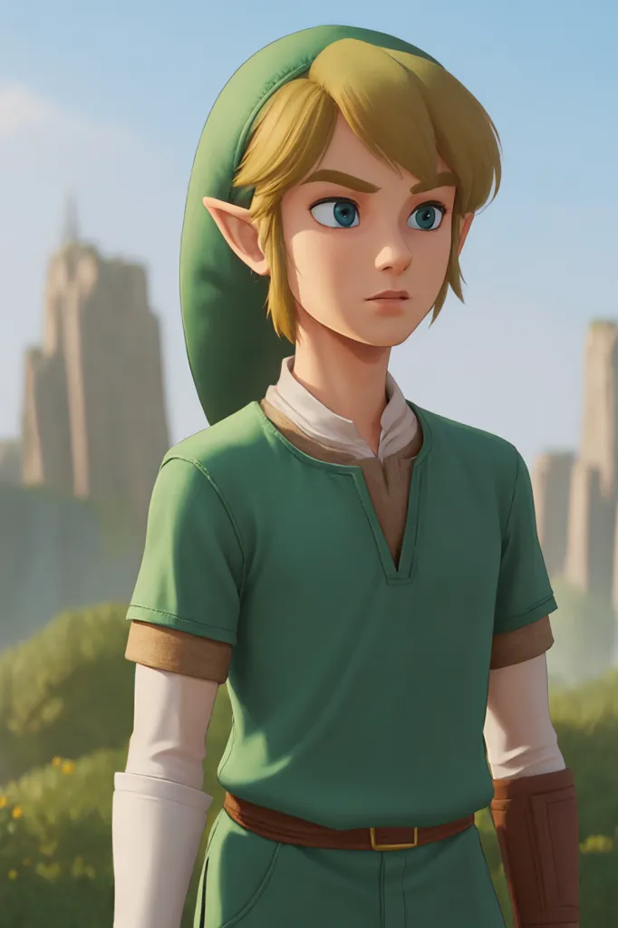 This image shows a young man with blond hair and green eyes. He is wearing a green tunic and a brown belt. He is also wearing a green hat with a white feather in it. He has elf ears. He is standing in a field, and there are ruins in the background.