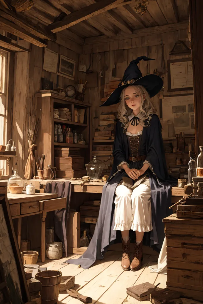 The image is of a young woman sitting on a wooden box in a rustic room. She is wearing a black pointed hat and a long blue dress with a white camisole. She has long blonde hair and blue eyes, and she is reading a book. The room is full of wooden furniture and shelves, and there is a window on the left side of the image. The overall tone of the image is warm and inviting.