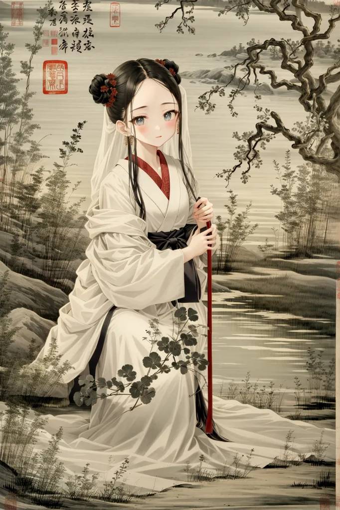 The image is a painting of a young woman in a white dress with red and pink flowers in her hair. She is standing in a forest near a river. The woman is holding a red staff in her right hand. The background of the painting is a mountain landscape with trees and clouds. The painting is done in a traditional Chinese style.