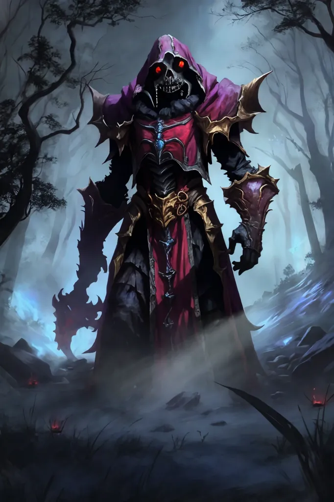 The image is a dark fantasy illustration of a skeletal figure in black and red armor. The figure is standing in a forest, surrounded by dark trees. The figure is holding a large sword in its right hand and a shield in its left hand. The figure is wearing a red cape and a helmet with a skull-like face. The figure's eyes are glowing red.