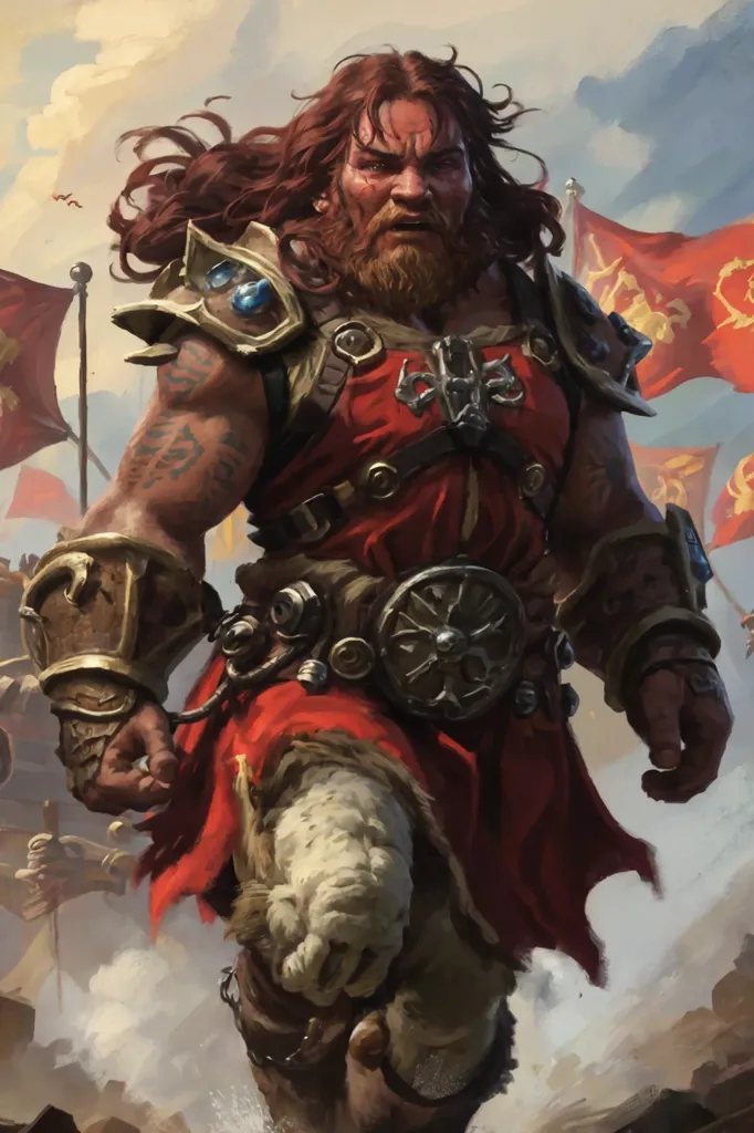 This is an image of a male dwarf. He is wearing red and gold armor and has a red cape. He has a beard and long red hair. He is carrying a hammer in his right hand and a shield in his left hand. He is standing in front of a group of other dwarves. They are all marching towards the viewer. In the background, there is a mountain range.