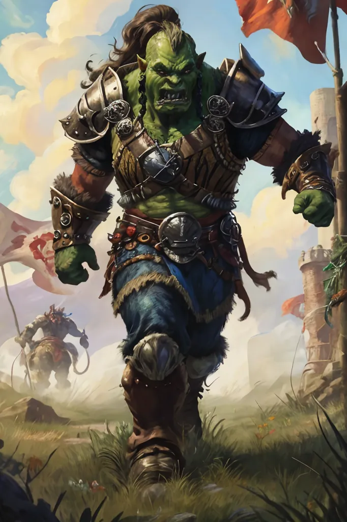 A imagem mostra um guerreiro orc, possivelmente um berserker, avançando para a batalha. Ele está usando uma armadura pesada e empunhando um machado enorme. O fundo é um borrão de bandeiras vermelhas e um castelo ao fundo. O guerreiro orc tem a pele verde e uma construção muscular. Ele está usando um tapa-sexo e uma couraça. Ele também está usando um capacete com chifres. O machado que ele está empunhando é de metal e tem um cabo longo. O guerreiro orc está correndo em direção ao espectador com um olhar determinado no rosto. Ele está pronto para lutar e não vai recuar.