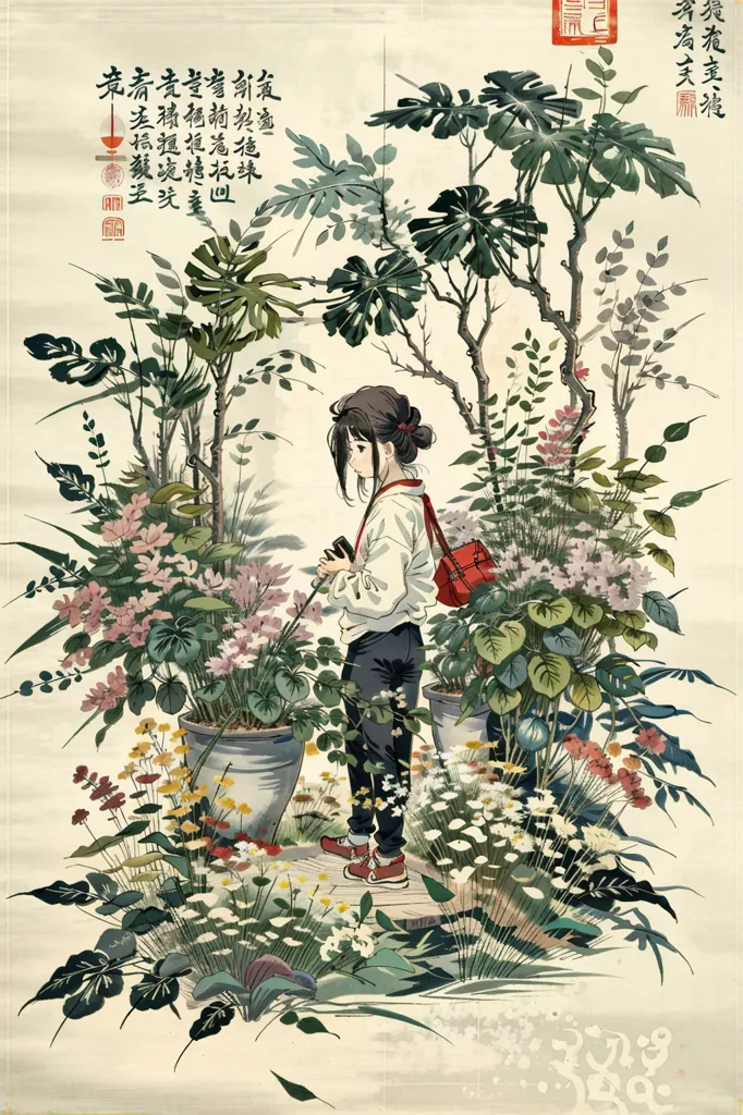 La imagen es una pintura de una niña de pie en un jardín. La niña lleva una camisa blanca, pantalones negros y zapatillas rojas. Tiene una bolsa roja en el hombro y está sosteniendo una cámara. El jardín está lleno de flores y plantas. Hay dos árboles grandes en el fondo y muchas flores en el primer plano. La pintura está hecha en un estilo realista y los colores son vibrantes y realistas. La imagen es pacífica y serena y captura la belleza de la naturaleza.