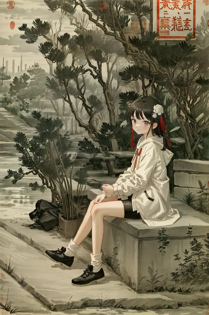 The image is a painting of a girl sitting on a stone bench in a garden. The girl is wearing a white jacket, black shorts, and black shoes. She has long black hair and red eyes. The garden is full of trees and plants. There is a small pond in the background. The painting is done in a realistic style. The artist has used muted colors to create a sense of peace and tranquility.