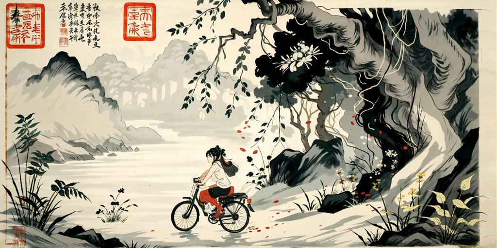 The image is a watercolor painting of a girl riding a bicycle on a path through a forest. The forest is full of lush vegetation and the girl is wearing a casual outfit. The painting has a muted color palette and a dreamlike quality.