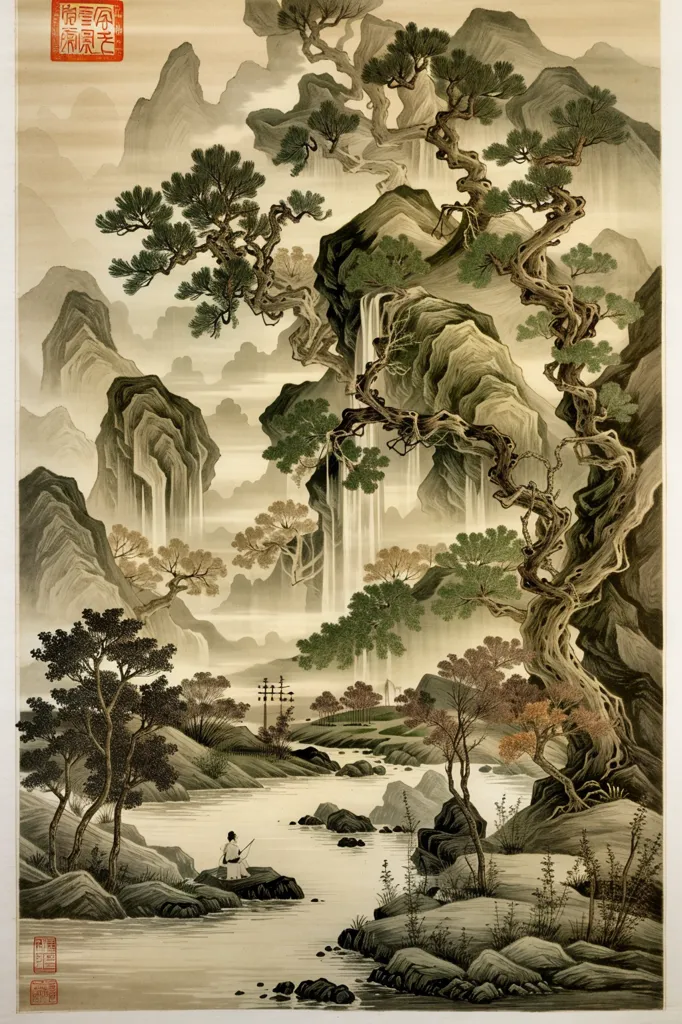 La imagen es una pintura china en el estilo de la dinastía Song. Representa un paisaje montañoso con un río que fluye a través de él. Las montañas están cubiertas de árboles y el río está atravesado por un puente. En el primer plano de la pintura, hay un pequeño bote con un pescador en él. La pintura está hecha en un estilo realista y el artista ha utilizado una variedad de técnicas para crear una sensación de profundidad y atmósfera. El efecto general de la pintura es de paz y tranquilidad.