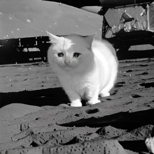 Ceci est une photo en noir et blanc d'un chat blanc aux yeux tristes debout sur la surface de la lune. Le chat regarde la caméra avec la tête légèrement inclinée vers le bas. Le chat se tient sur une surface rocheuse et il y a des traces de pas au sol. En arrière-plan, on peut voir un module lunaire.