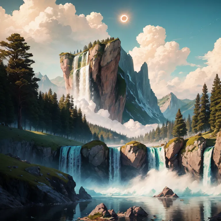 The image is a beautiful landscape painting. It shows a tall, rocky cliff with a waterfall coming down from it. The waterfall is surrounded by a lush green forest. In the background, there are snow-capped mountains. The sky is blue and there are some clouds in the sky. The sun is shining brightly. The painting is very realistic and it looks like a photograph.