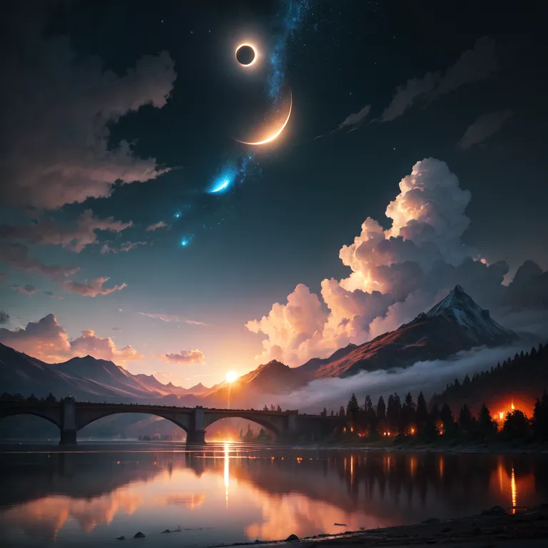 The image is a beautiful landscape painting. The sky is dark, and there are many stars and a bright moon. There are also some clouds in the sky. The mountains are in the background, and they are covered in snow. The trees are in the foreground, and they are reflected in the water. The bridge is in the middle of the image, and it is made of stone. The water is calm, and it reflects the sky. The image is very peaceful and serene.