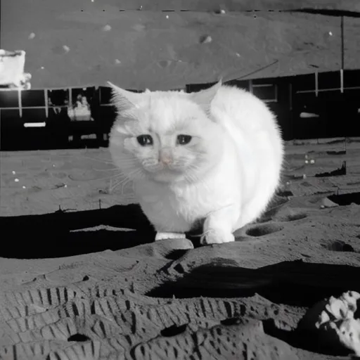 Esta es una foto en blanco y negro de un gato blanco sentado en la luna. El gato mira a la cámara con ojos tristes. La superficie de la luna está cubierta de cráteres y rocas.