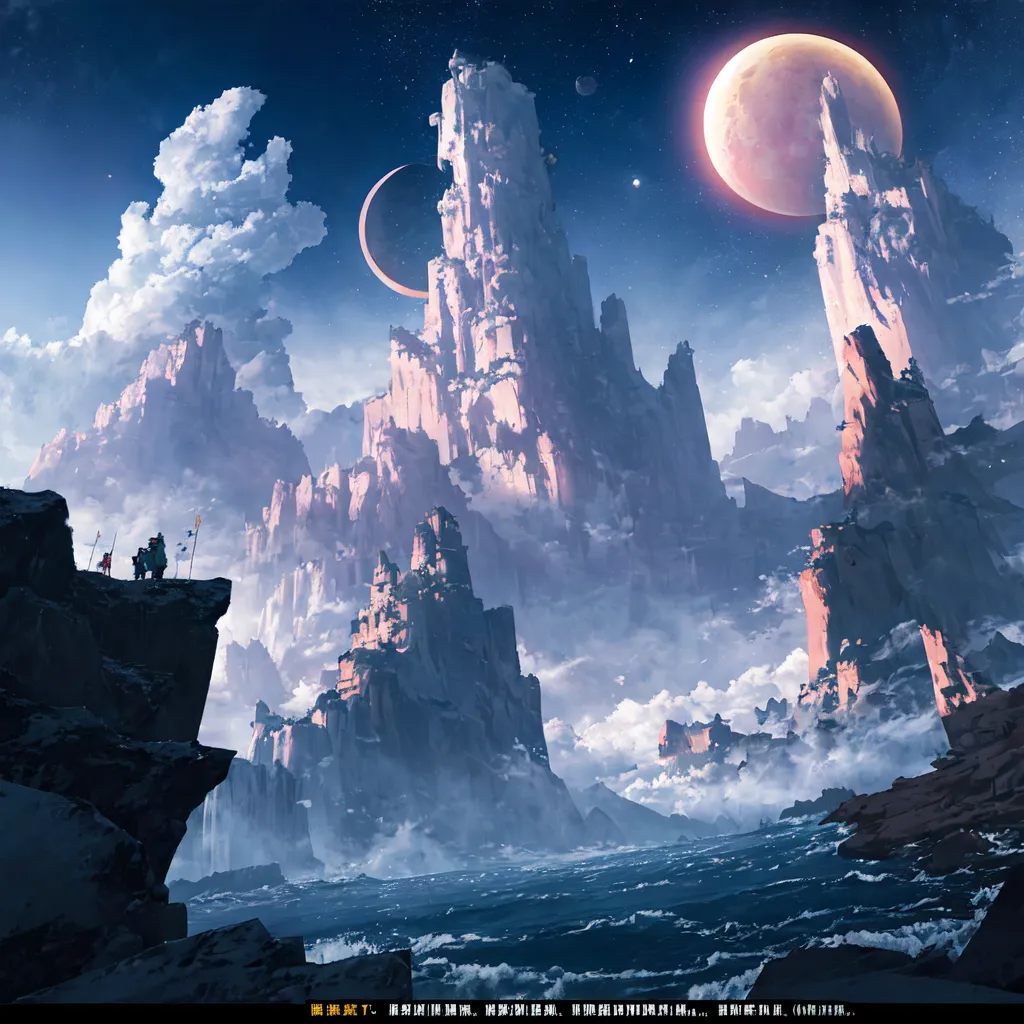 The image is a fantasy landscape. There are several tall mountains in the background. The mountains are covered in snow. There is a large moon in the sky. There are two people standing on a cliff. They are looking at the view. There are clouds in the sky. The water below the cliff is rough.