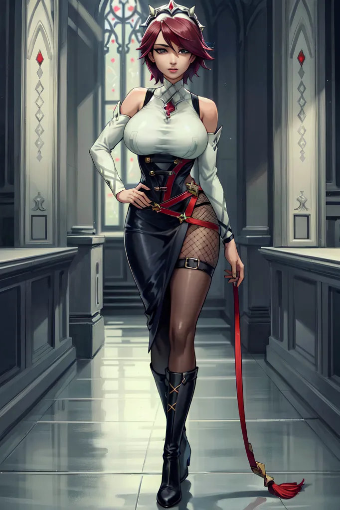 This is an image of a woman with red hair and brown eyes. She is wearing a white and black outfit with a red sash and a red and gold crown. She is also wearing black boots. She is standing in a hallway with a stone floor and large windows. There are red diamonds on the walls.