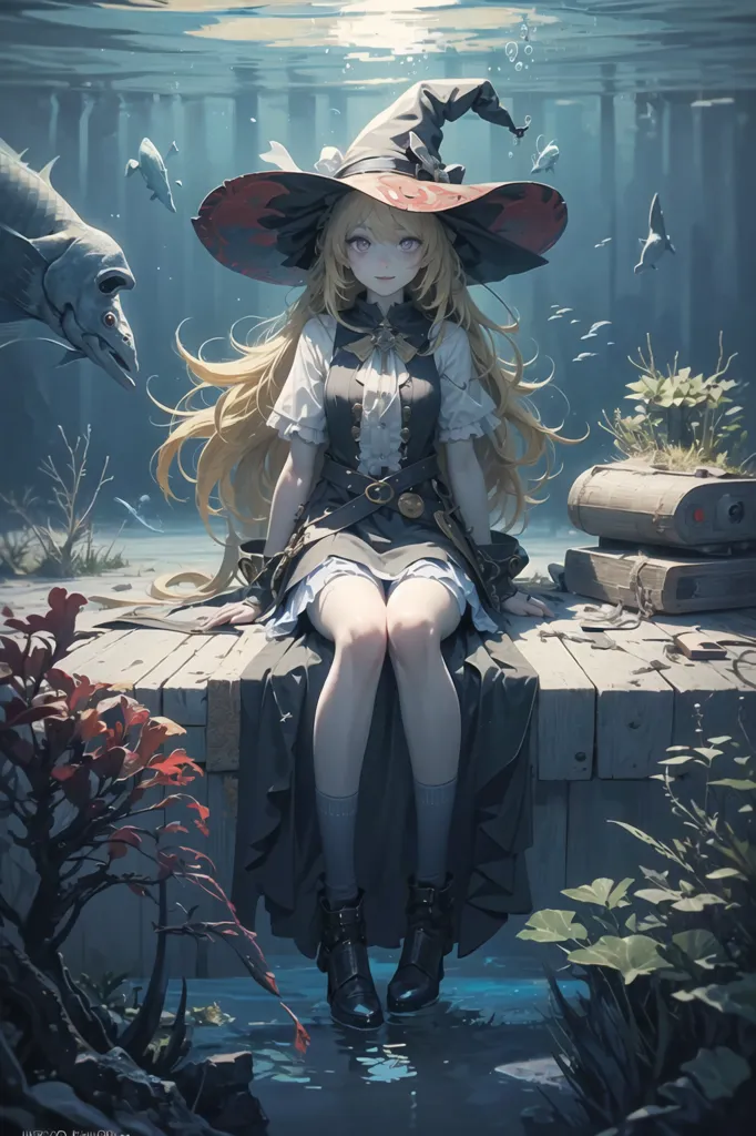 This image shows an anime-style girl with long, flowing blonde hair. She is wearing a black and red witch hat and a white blouse with a black vest. She is sitting on a wooden dock in the middle of a body of water. The water is murky, but you can see a few fish and plants in it. The girl is looking at the viewer with a gentle smile.