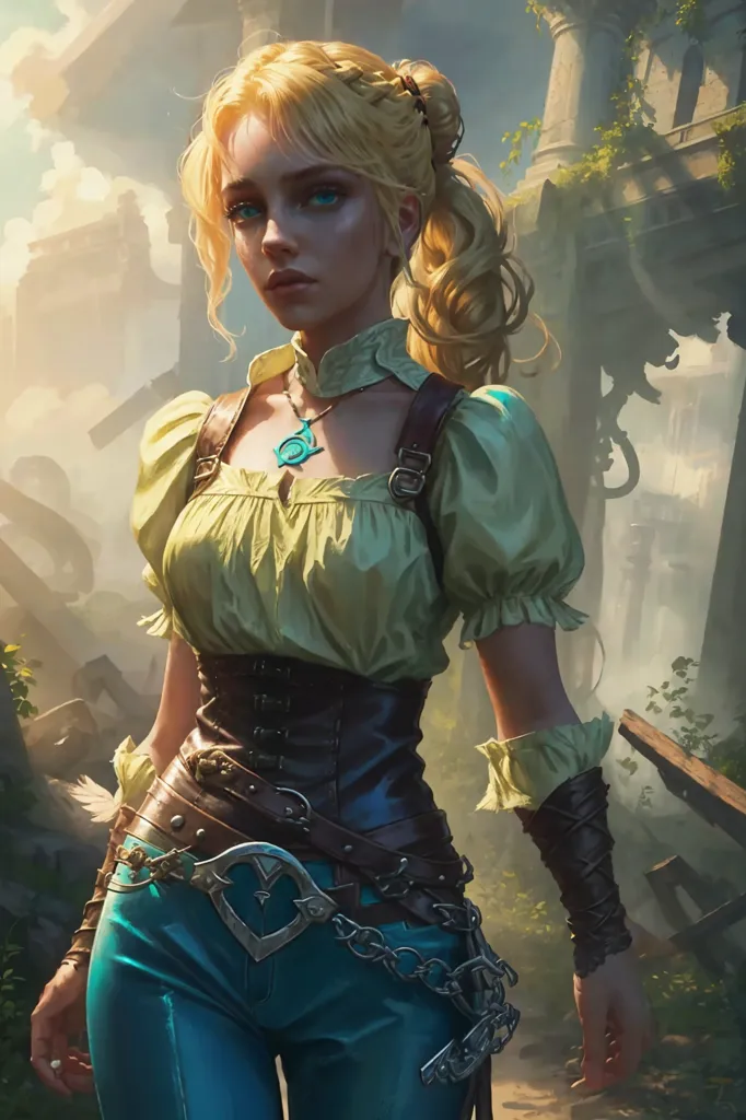 The image shows a young woman with long blond hair and blue eyes. She is wearing a yellow blouse, a brown corset, and blue pants. She has a sword on her hip and a pouch on her belt. She is standing in a ruined city, with a large stone building in the background.