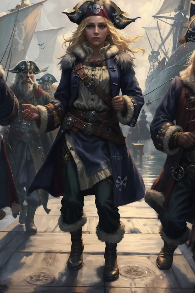 This image shows a group of pirates walking on a dock towards the viewer. The pirates are all wearing traditional pirate clothing. The woman in the front has blonde hair and is wearing a blue coat and a feathered hat. She is carrying a sword and a pistol. The other pirates are wearing similar clothing and are also carrying weapons. In the background, there are ships and a large body of water.