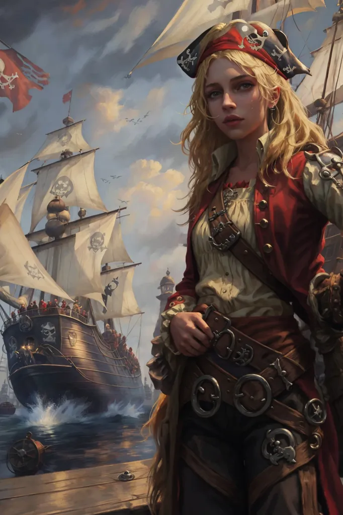 The image shows a female pirate standing on a dock with three pirate ships in the background. The woman is wearing a red coat and a white shirt and has a sword at her side. She is looking at the viewer with a confident expression. The ships are all flying pirate flags and are crewed by pirates. The image is set in a stormy sea with dark clouds in the background.