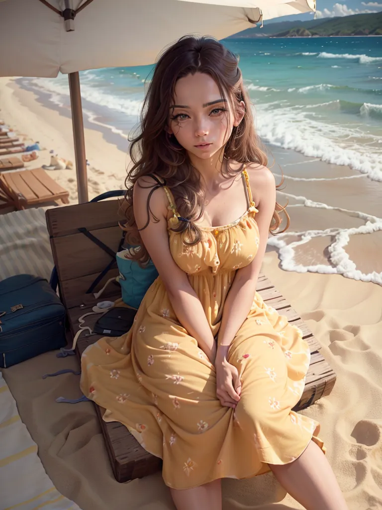 The image shows a beautiful young woman with long brown hair and brown eyes. She is wearing a yellow floral dress and sitting on a wooden bench on the beach. There is a blue suitcase and a straw hat on the sand next to her. The ocean is in the background, and the waves are crashing on the shore. The sun is shining, and the sky is clear. The image is peaceful and relaxing.